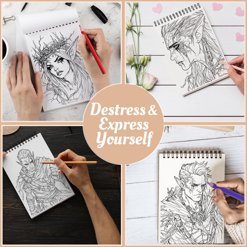 May include: A collage of four images showcasing detailed fantasy art coloring pages in spiral-bound sketchbooks. The phrase "Destress & Express Yourself" is centered in a tan circle. Each image shows a person coloring with pencils.