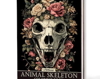 May include: A spiral-bound coloring book with a black cover featuring a detailed illustration of an animal skull adorned with roses and other flowers. The text "Animal Skeleton Coloring Book" is displayed on the cover.