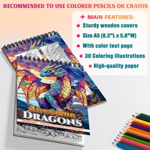 Może przedstawiać: Spiralnie oprawiona kolorowanka zatytułowana "Awesome Dragons" z kolorową ilustracją smoka na okładce. Książka ma format A5 (21cm dł. x 14.7cm szer.) i posiada solidne drewniane okładki, stronę testową kolor&oacute;w, 30 ilustracji i wysokiej jakości papier.