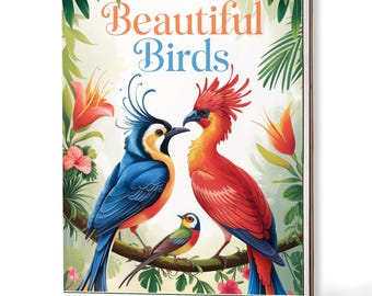 Può includere: Un libro da colorare a spirale intitolato "Beautiful Birds" con illustrazioni di uccelli colorati. La copertina presenta un uccello blu e giallo, un uccello rosso e arancione e un uccello più piccolo verde, rosso e giallo. Il testo "NETHOUSE Coloring Book to Spark Your Imagination" è in basso.