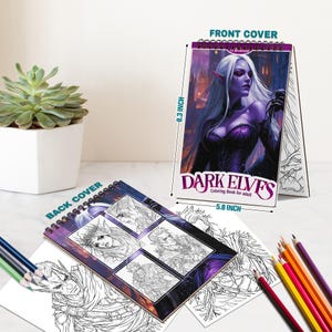 May include: A Dark Elves coloring book for adults, 8.3 inches tall and 5.8 inches wide, with a spiral binding. The front cover features a fantasy illustration of a woman with white hair. The back cover shows several black and white illustrations.