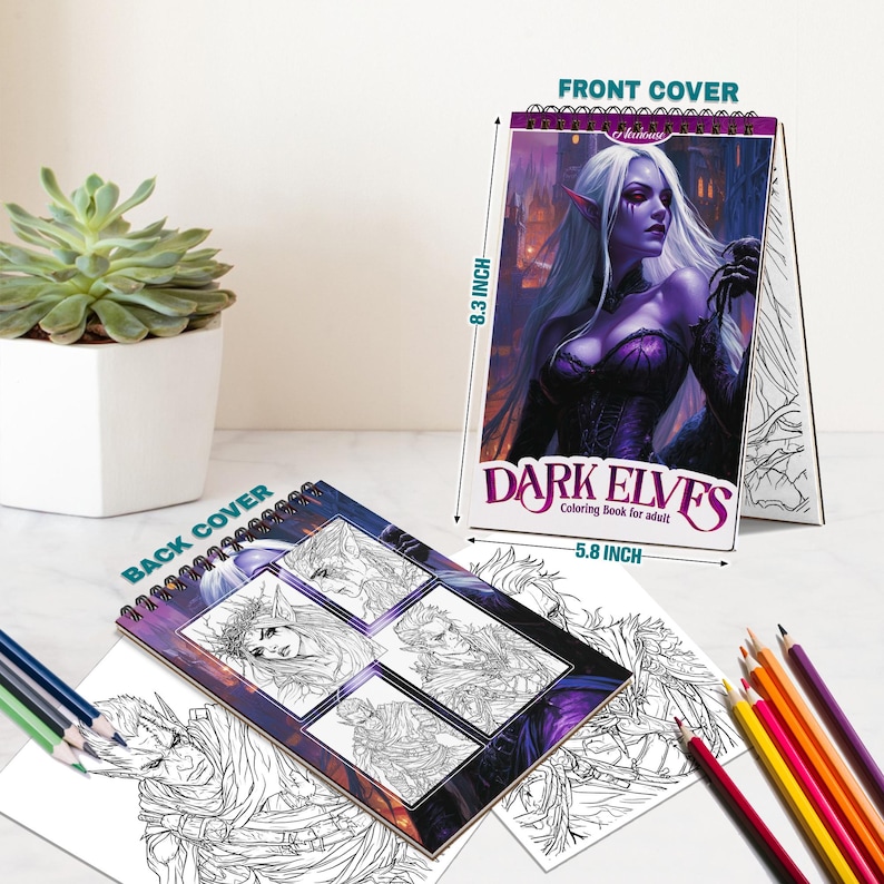 May include: A Dark Elves coloring book for adults, 8.3 inches tall and 5.8 inches wide, with a spiral binding. The front cover features a fantasy illustration of a woman with white hair. The back cover shows several black and white illustrations.