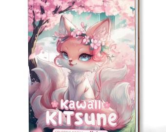 Kawaii Kitsune-kleurboek A5 – Handgemaakte houten omslag of papieren omslag, spiraalgebonden