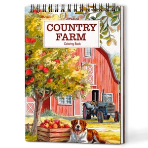 May include: A spiral-bound coloring book titled "Country Farm" features a watercolor illustration of a red barn, apple tree, and a blue tractor. A wooden crate of apples and a dog are in the foreground. The cover has the text "Country Farm Coloring Book".