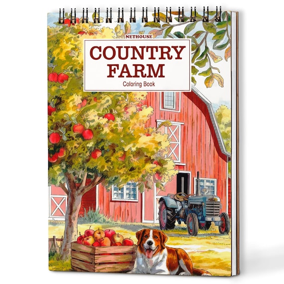 Country Farm Coloring Book: 30 Pages, Spiral Bound Wooden Cover