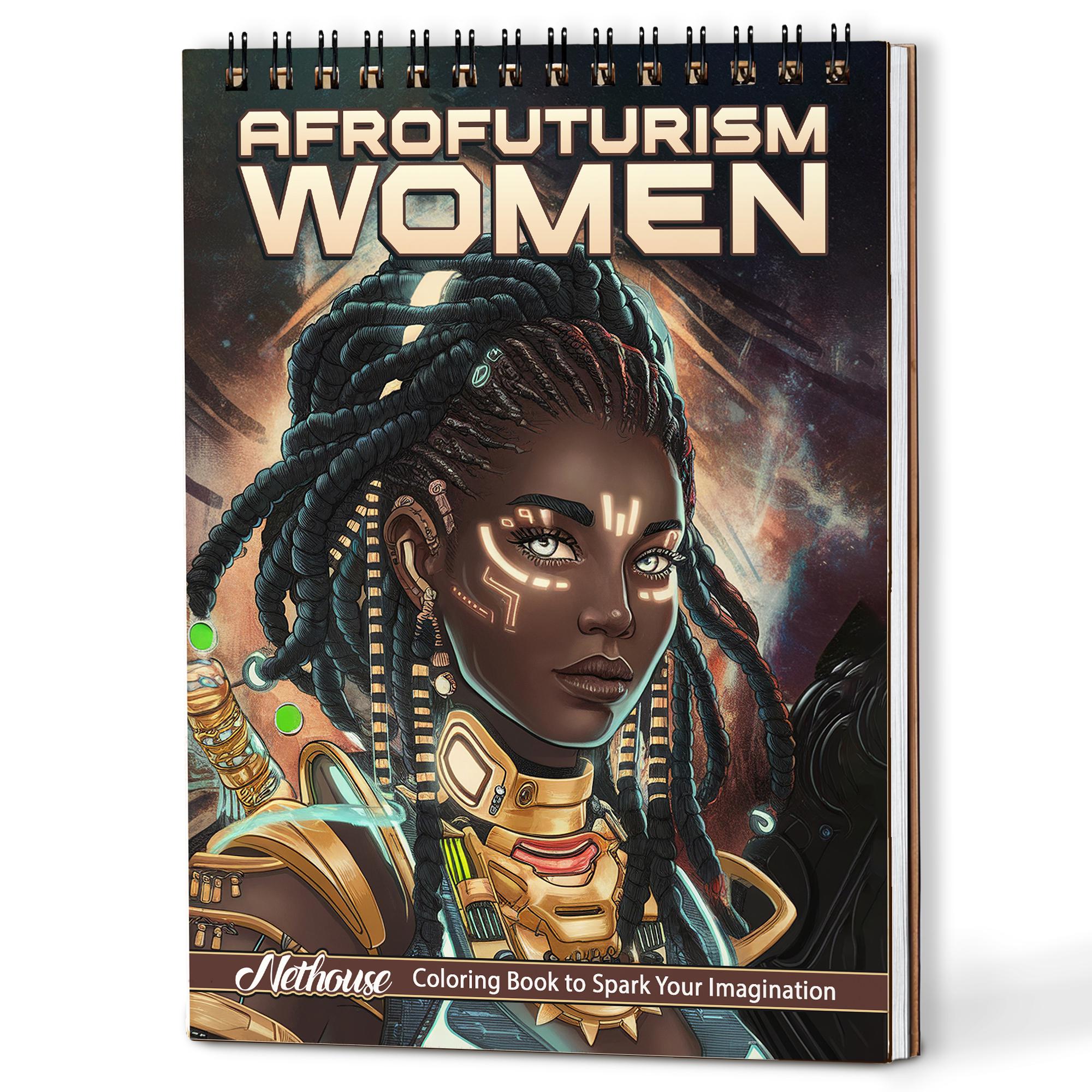 Afrofuturism Women Coloring Book A5 - Sci-Fi Art - Handmade Wooden Cover or Paper Cover, Spiral Bound