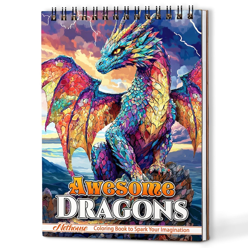 Może przedstawiać: Spiralna książka do kolorowania zatytułowana "Awesome Dragons". Okładka przedstawia kolorową ilustrację smoka z niebieskimi, ż&oacute;łtymi, czerwonymi i fioletowymi łuskami, skrzydłami i burzliwym niebem w tle. Widoczny jest r&oacute;wnież tekst "Nethouse Coloring Book to Spark Your Imagination".