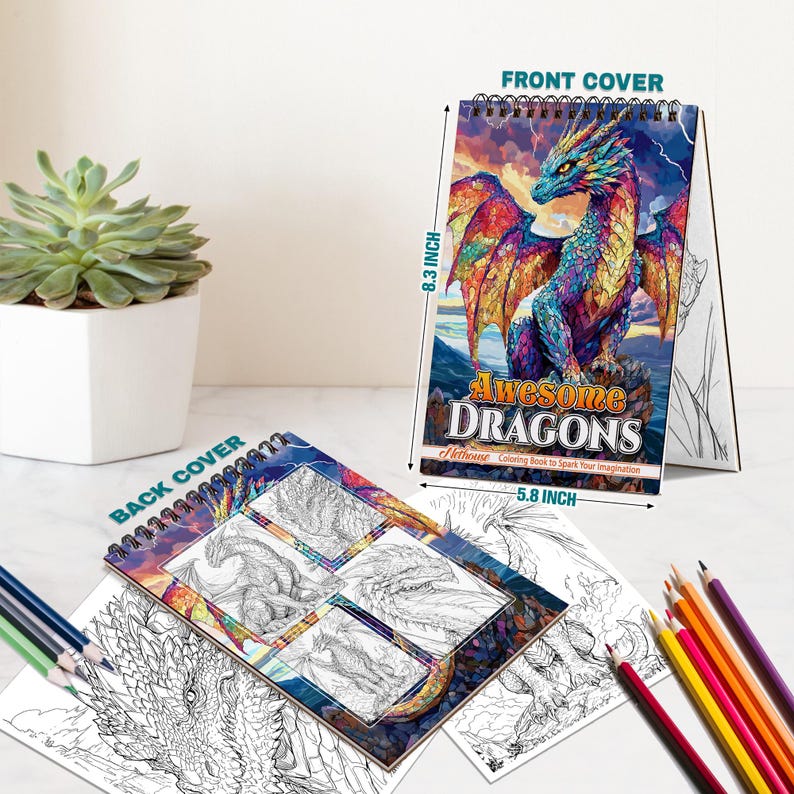 Może przedstawiać: Spiralna książka do kolorowania zatytułowana "Awesome Dragons" z kolorową ilustracją smoka na okładce. Książka ma 21 cm wysokości i 14,7 cm szerokości. Na tylnej okładce znajdują się szkice smok&oacute;w. Rozrzucone kredki.