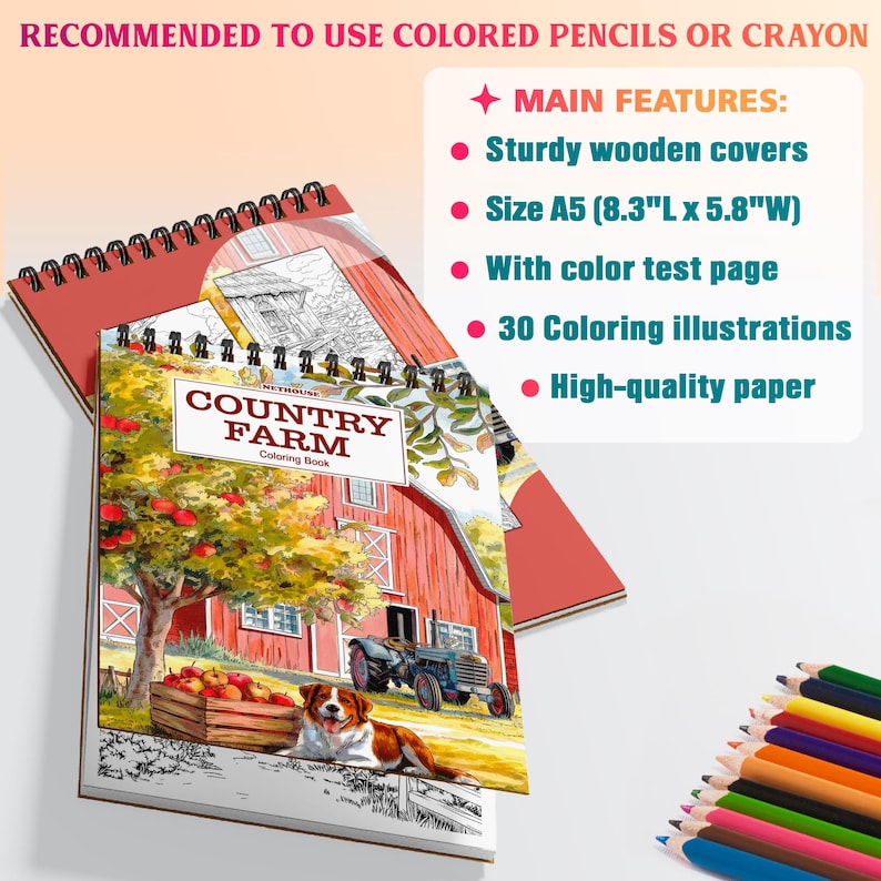 May include: A spiral-bound coloring book titled "COUNTRY FARM" with a red cover and a farm scene illustration. The book is A5 size (8.3"L x 5.8"W) and features 30 illustrations, sturdy wooden covers, a color test page, and high-quality paper. Colored pencils are recommended.