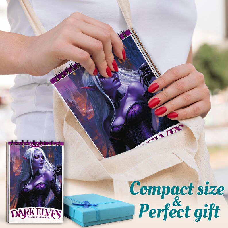 May include: A spiral-bound coloring book titled "Dark Elves" featuring a fantasy illustration of a woman with white hair and purple skin. The book is held in a tote bag, with a blue gift box nearby. Text on the image reads "Compact size & Perfect gift."