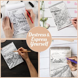 May include: A collage of four images showcasing coloring books with detailed landscape illustrations. The phrase "Destress & Express Yourself" is centered. Each image features a hand coloring with colored pencils, highlighting the creative process and relaxation.