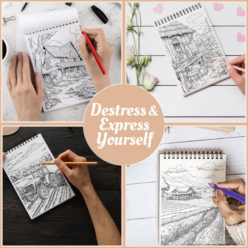 May include: A collage of four images showcasing coloring books with detailed landscape illustrations. The phrase "Destress & Express Yourself" is centered. Each image features a hand coloring with colored pencils, highlighting the creative process and relaxation.