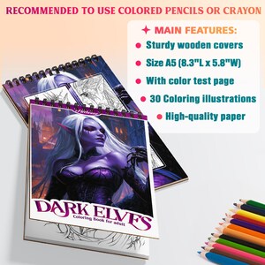 May include: A spiral-bound adult coloring book titled "Dark Elves." The cover features a purple-toned illustration of a female elf. The book is A5 size (8.3"L x 5.8"W) with sturdy wooden covers, a color test page, 30 illustrations, and high-quality paper. Colored pencils or crayons are recommended.