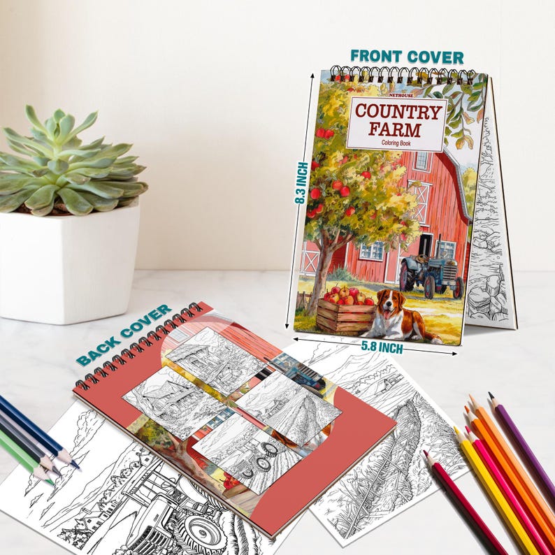 May include: A spiral-bound "Country Farm" coloring book, 8.3 inches tall and 5.8 inches wide, with a red barn illustration on the front cover. The back cover shows coloring pages with farm scenes. Colored pencils are scattered around.