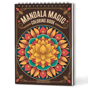 以下が含まれることがあります： 「MANDALA MAGIC COLORING BOOK」というタイトルのスパイラル綴じの塗り絵。表紙には、中央に黄色の蓮の花、ターコイズ、赤、オレンジの花びらが配置された、詳細でカラフルなマンダラデザインが、濃い茶色の背景に描かれています。