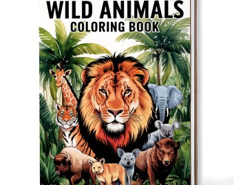 Könnte beinhalten: Ein Spiral-Malbuch mit dem Titel "WILD ANIMALS COLORING BOOK" zeigt eine lebendige Illustration eines Löwen, einer Giraffe, eines Tigers, eines Elefanten, eines Koalas und anderer Tiere in einer Dschungelumgebung. Das Cover hat einen weißen Hintergrund.