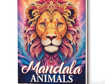 Könnte beinhalten: Ein Spiral-Malbuch mit dem Titel "Mandala Animals". Das Cover zeigt eine detaillierte, farbenfrohe Illustration eines Löwengesichts mit einer Krone. Der Löwe ist in Orange-, Gelb-, Rosa- und Blautönen dargestellt, mit dem Titel in Schreibschrift.