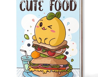Cute Food Coloring Book, Handmade Wooden Cover or Paper Cover, Spiral Bound