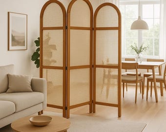 Handmade Oak Room Divider – Scandinavian Style Wooden Screen with Woven Bamboo Panels, Arched Design, 3-Panel Partition for Home or Office