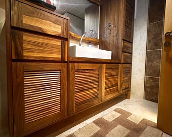 Custom Walnut Wood Louvered Shutter – Solid Wood Door, Natural Finish