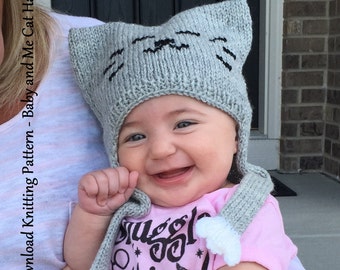 PDF Knitting Pattern - Knitting instructions for Adult / Baby / Toddler sizes - Baby and Me Cat Hat