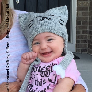 PDF Knitting Pattern - Knitting instructions for Adult / Baby / Toddler sizes - Baby and Me Cat Hat
