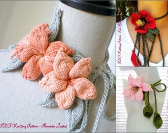 Digital 3 PDF Knit Flower Pattern Set - Plumeria Lariat, Lily Lariat, Red Blossom Lariat