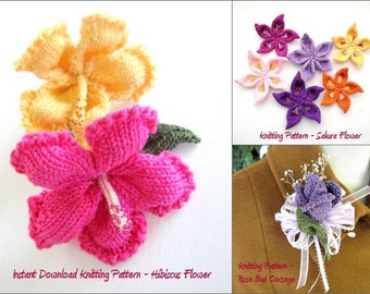 Flower Knitting Pattern Set - Hibiscus, Sakura, Rose Bud Corsage/Boutonniere - Instant Download PDF