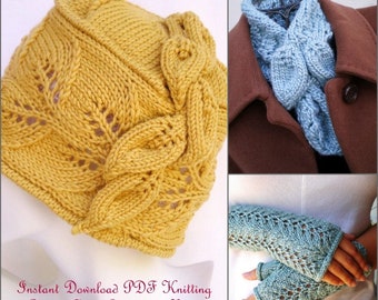 PDF Knitting Patterns - Hat, Collar Scarf and Glove Pattern Set - Leaves and Vines Pattern Set