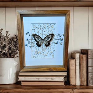 Könnte beinhalten: Ein gerahmtes Kunstwerk mit einem Schmetterling mit schwarz-weiß gemusterten Flügeln, montiert auf einem Bett aus getrockneten Blumen und blauen Akzenten. Das Kunstwerk ist in einem Holzrahmen eingefasst und ruht auf einem Stapel Bücher. Dekorative Wohnkultur.