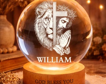 Personalized Man Of God Crystal Ball, Custom Name with Faith Symbol LED Night Light, Jesus Light, Spiritual Bedside Lamp, Faith Gift IDea