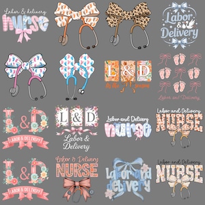 以下が含まれることがあります： 労働と出産に関連する弓、聴診器、テキストを特徴とするデジタルデザインのコレクションです。「Nurse」、「Labor & Delivery」、「L&D」の文字が含まれています。弓には、赤ちゃんの足跡、ヒョウ柄、花柄の模様があります。
