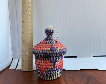 Red and Purple lidded Basket/Ornament from Africa