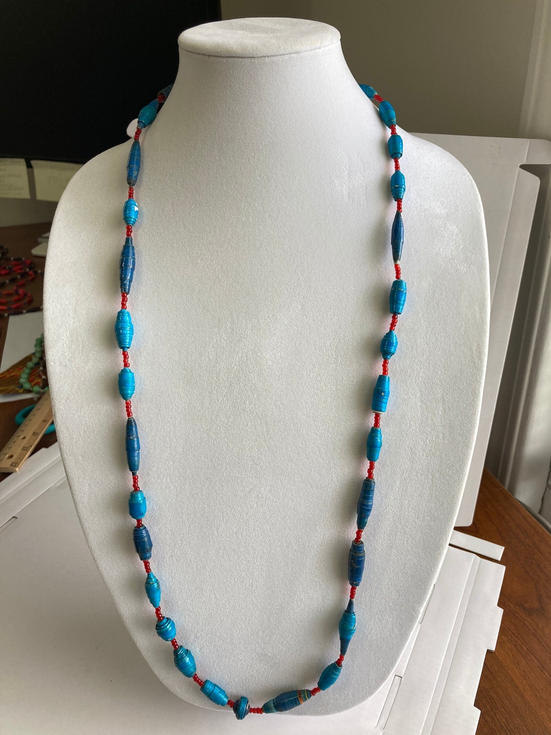 African Paper Bead Blue Necklace - Etsy