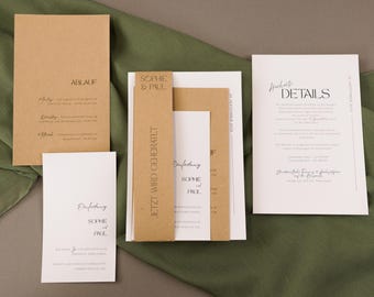 Puede incluir: Un conjunto de papelería de boda, que incluye tarjetas de invitación y tarjetas de detalles, en un diseño minimalista. Las tarjetas presentan una paleta de colores neutros de blanco y papel kraft, con una tipografía elegante. El diseño está dispuesto sobre una tela verde.