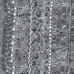 May include: Black and white abstract art print with a repeating pattern of circles, dots, and lines. The print features a variety of shapes and sizes, creating a visually interesting and dynamic design.