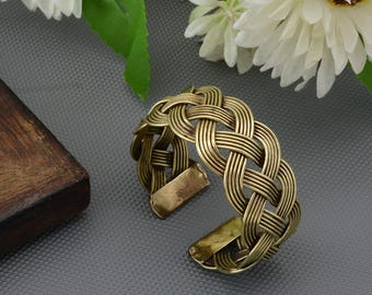 Braided Brass Cuff Bracelet, Adjustable Boho Bangle, Handmade Woven Metal Bracelet, Vintage Style Brass Jewelry, Unisex Ethnic Cuff