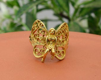Gold Angel Filigree Ring, Fairy Angel Statement Ring, Vintage Winged Angel Ring, Artisan Gold Ring, Spiritual Gift for Her