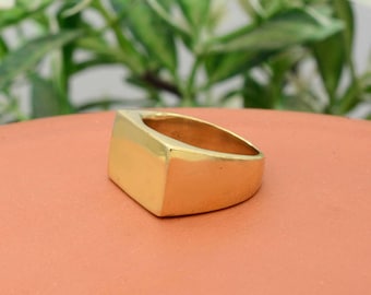 Könnte beinhalten: Ein goldfarbener Siegelring mit rechteckiger Oberfläche. Der Ring hat eine polierte Oberfläche und ein dickes Band. Der Ring wird auf einer terrakottafarbenen Oberfläche mit grünem Laub im Hintergrund präsentiert.