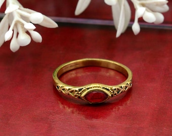 Vintage Gold Ring with Red Gemstone, Delicate Handmade Boho Ring, Dainty Minimalist Jewelry, Unique Antique-Style Gift for Women