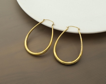 Gold Teardrop Creolen, Minimalist Oval Creolen, Leichte Statement Ohrringe, Handgefertigte Messing Creolen, Moderne Schmuck für jeden Tag