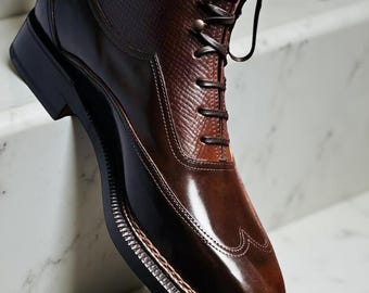 Botines de vestir de piel auténtica marrón para hombre, hechos a mano. Botines de piel marrón con puntera de ala.