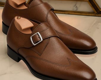 Handmade Mens Brown Grain Leather Single Monk Strap Shoes For Men