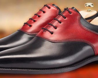 Zapatos Oxford de vestir formales hechos a mano de cuero genuino negro y rojo para hombre