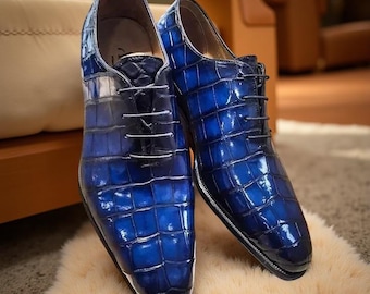 Men's Handmade Blue Leather Shoes Luxury Oxford Whole Cut Lace-Up