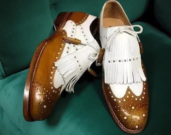 Men's Dress Shoes Two Tone Leather Brogue, Wingtip Oxford Shoes with Fringes, Formal Business Wedding Footwear