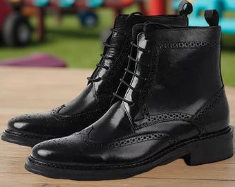 Handmade Black Wingtip Brogue Ankle High Dress Lace Up Party Leather Men's Boots