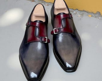 Handgemaakte bordeauxrode en grijze leren herenschoenen met dubbele monniksband Meest trending schoenen