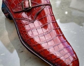 Zapatos de vestir Oxford de cuero rojo hechos a mano con correa de monje y corte completo para hombre