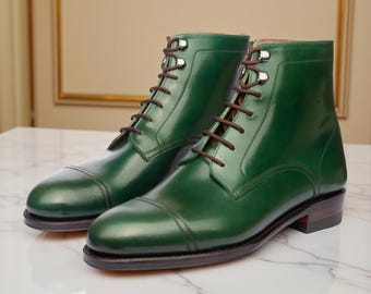 Handmade Men Green Leather Stylish Ankle Lace Up Dress Boots, Business Boots